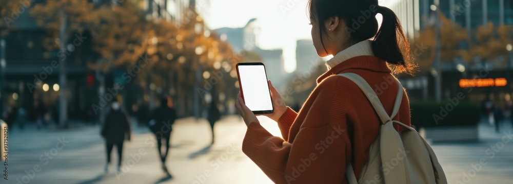 Young woman with ponytail using smartphone in city street Young woman with ponytail using smartphone in city street