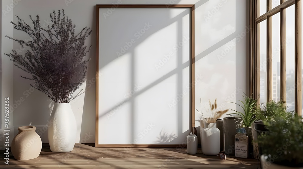 Detailed cinematic poster in a wooden frame surrounded by minimalistic room decorations AI generated illustration Detailed cinematic poster in a wooden frame surrounded by minimalistic room decorations AI generated illustration