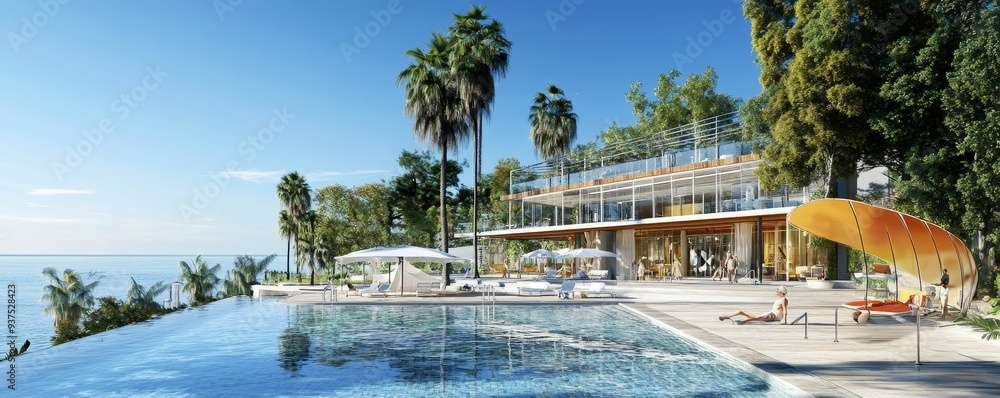 Fototapeta premium Luxury villa with pool overlooking the ocean and lush tropical foliage.