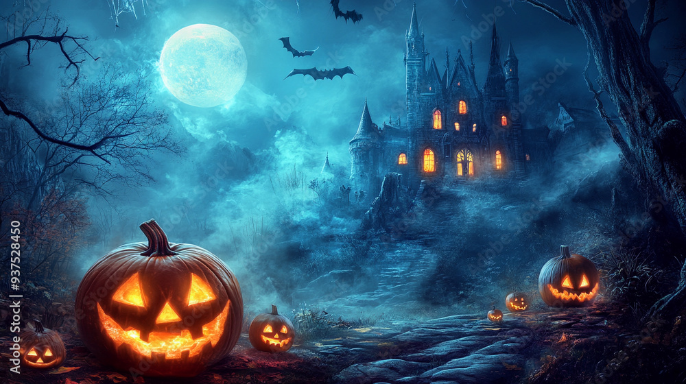 Halloween Night, Jack-o'-Lantern Pumpkin in Front of a Spooky Castle Halloween Night, Jack-o'-Lantern Pumpkin in Front of a Spooky Castle