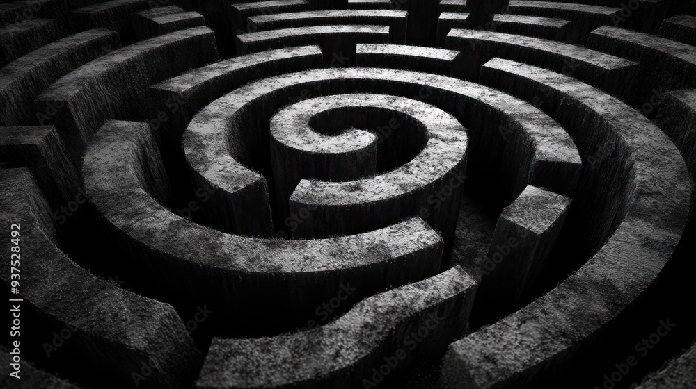 Monochrome Circular Maze - A detailed top-view of a circular stone maze in black and white, showcasing intricate patterns and depth, ideal for abstract designs. Monochrome Circular Maze - A detailed top-view of a circular stone maze in black and white, showcasing intricate patterns and depth, ideal for abstract designs.