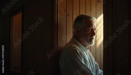 A priest listens in a confession booth, illuminated by soft light that enhances the serene atmosphere.	
 photo