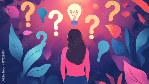 Wallpaper Mural Woman surrounded by question marks and light bulbs reflecting mental health struggles. Torontodigital.ca