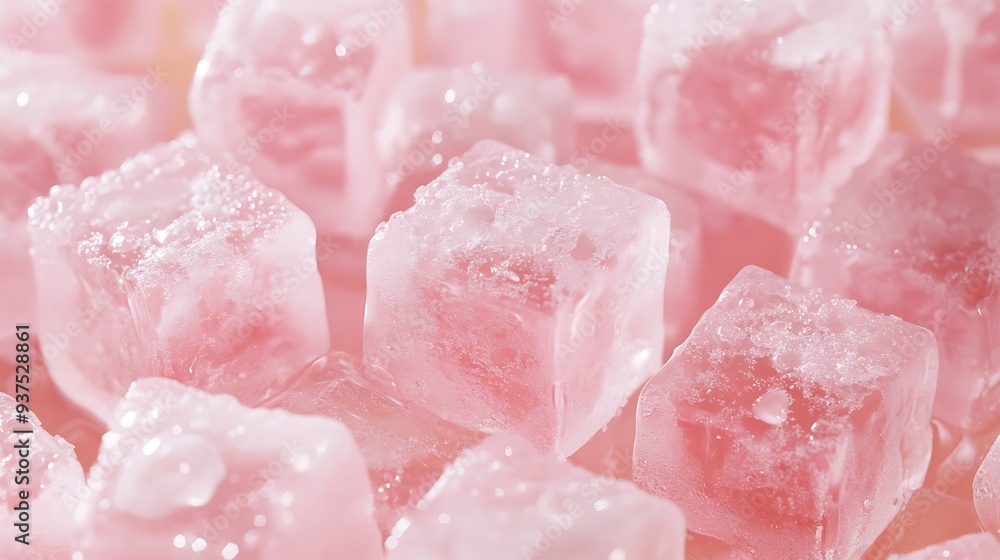 A close-up of pink ice cubes. The ice is translucent, and the light reflects off of it in a beautiful way. The ice is cold and refreshing, perfect for a hot day. A close-up of pink ice cubes. The ice is translucent, and the light reflects off of it in a beautiful way. The ice is cold and refreshing, perfect for a hot day.