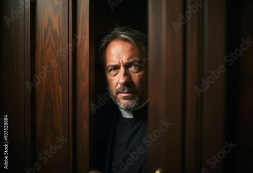 A priest listens in a confession booth, illuminated by soft light that enhances the serene atmosphere.	
 photo