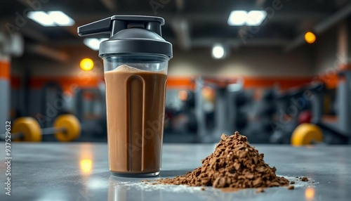 Protein shaker and scoop of protein powder with a gym backdrop. photo