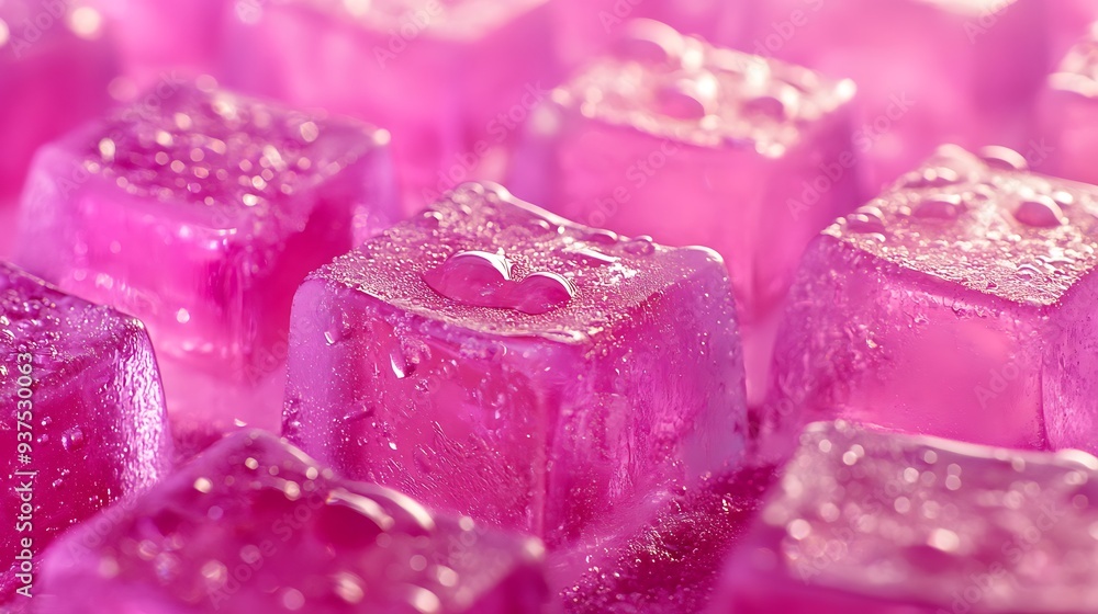 Close up of multiple pink ice cubes with water droplets. Close up of multiple pink ice cubes with water droplets.