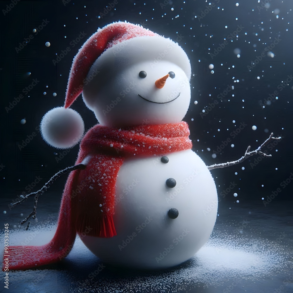 Obraz premium Cute Laughing Snowman with Wool Hat & Scarf - Photorealistic Winter Scene with Bokeh Lights, isolated on a dark background