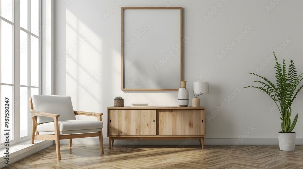 Embracing minimalism in a room dcor featuring a cinematic modern poster encased in a wooden frame AI generated illustration Embracing minimalism in a room dcor featuring a cinematic modern poster encased in a wooden frame AI generated illustration