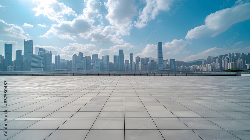 Empty square floor under the open sky juxtaposed with the city skyline in the background AI generated illustration Empty square floor under the open sky juxtaposed with the city skyline in the background AI generated illustration