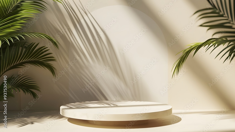 Empty textured podium with an abstract minimalist background enhanced by the shadow of a tropical palm leaf for cosmetic presentation AI generated illustration Empty textured podium with an abstract minimalist background enhanced by the shadow of a tropical palm leaf for cosmetic presentation AI generated illustration