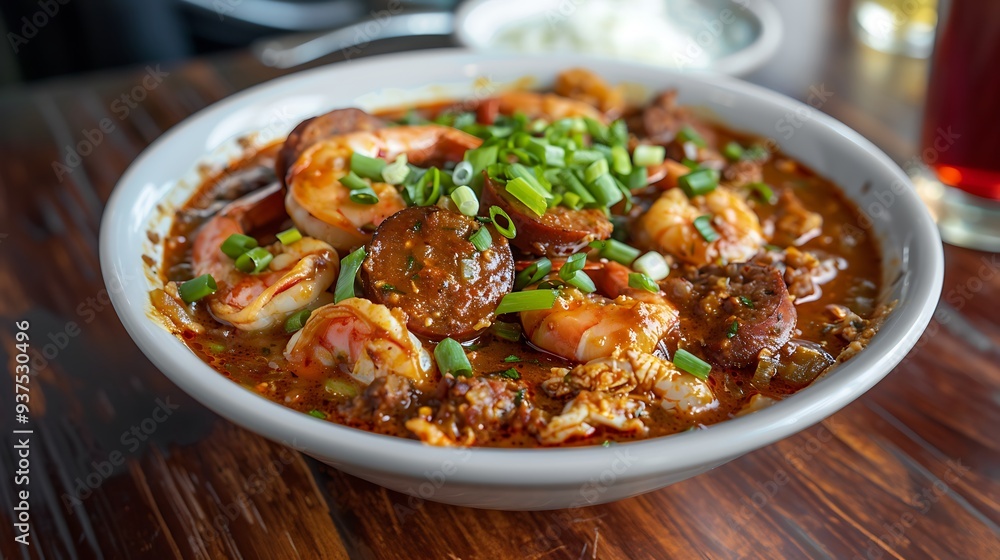 A bowl of spicy seafood gumbo with shrimp, crab, and sausage, garnished with green onions. A bowl of spicy seafood gumbo with shrimp, crab, and sausage, garnished with green onions.
