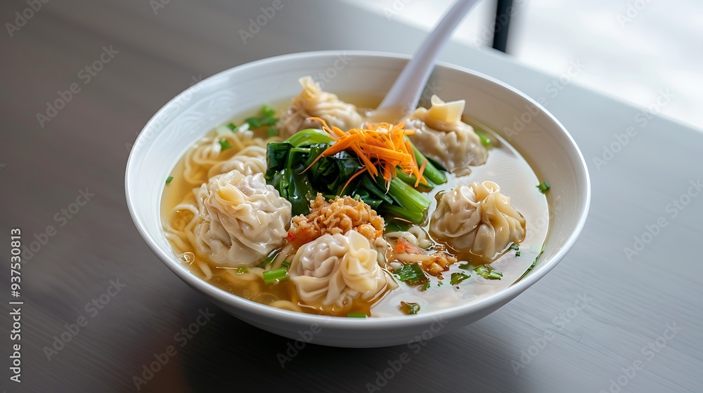 A bowl of wonton noodles with tender wontons and fresh vegetables in a clear broth. A bowl of wonton noodles with tender wontons and fresh vegetables in a clear broth.