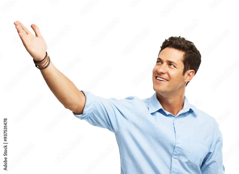 Review, presentation and man in studio pointing at promotion offer, choice or happy decision. Announcement, opportunity or person with smile showing direction, deal info or advice on white background Review, presentation and man in studio pointing at promotion offer, choice or happy decision. Announcement, opportunity or person with smile showing direction, deal info or advice on white background