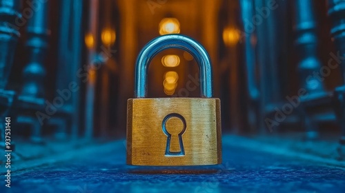 Lock in the Blue A golden padlock stands out against a blurry blue background illuminated by warm lights A sense of security and mystery photo