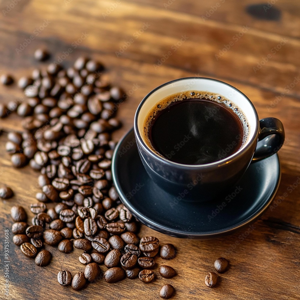 A rich cup of black coffee surrounded by roasted coffee beans on a wooden table, perfect for coffee lovers and food photography. A rich cup of black coffee surrounded by roasted coffee beans on a wooden table, perfect for coffee lovers and food photography.