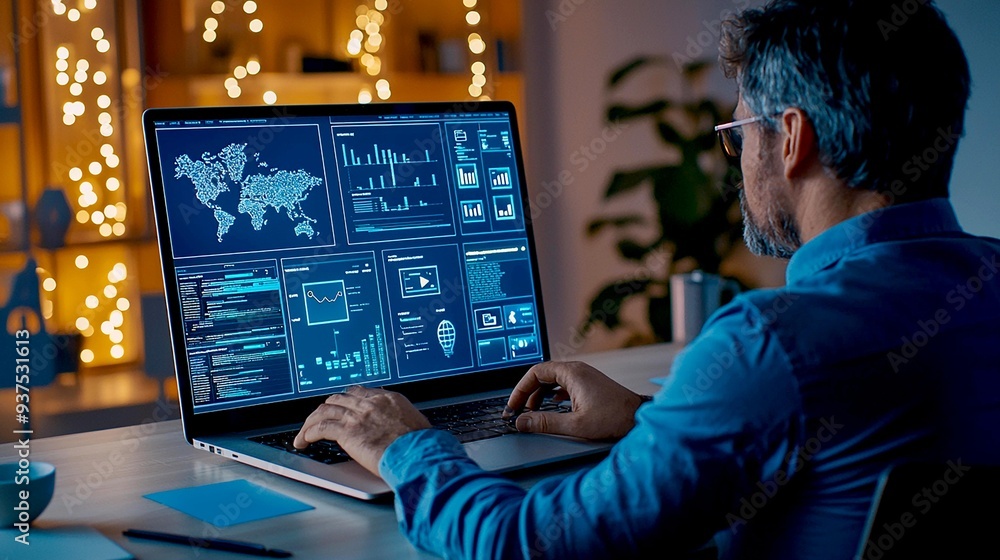 A professional analyzing data on a laptop with monitoring graphs and charts in a cozy workspace illuminated at night. A professional analyzing data on a laptop with monitoring graphs and charts in a cozy workspace illuminated at night.