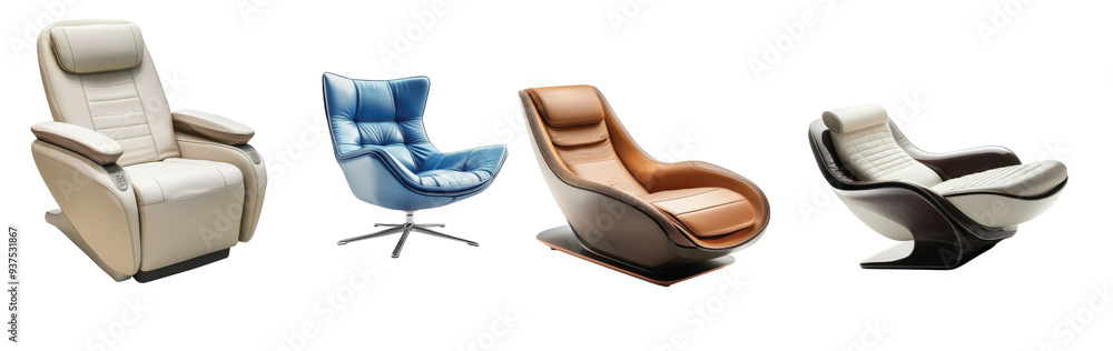 Elegant modern lounge chairs in various styles and colors, on the Transparent background, PNG Format Elegant modern lounge chairs in various styles and colors, on the Transparent background, PNG Format