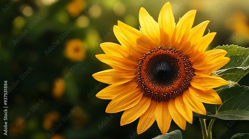 Fototapeta premium A vibrant sunflower in bloom, capturing the essence of summer with its bright yellow petals and rich brown center.