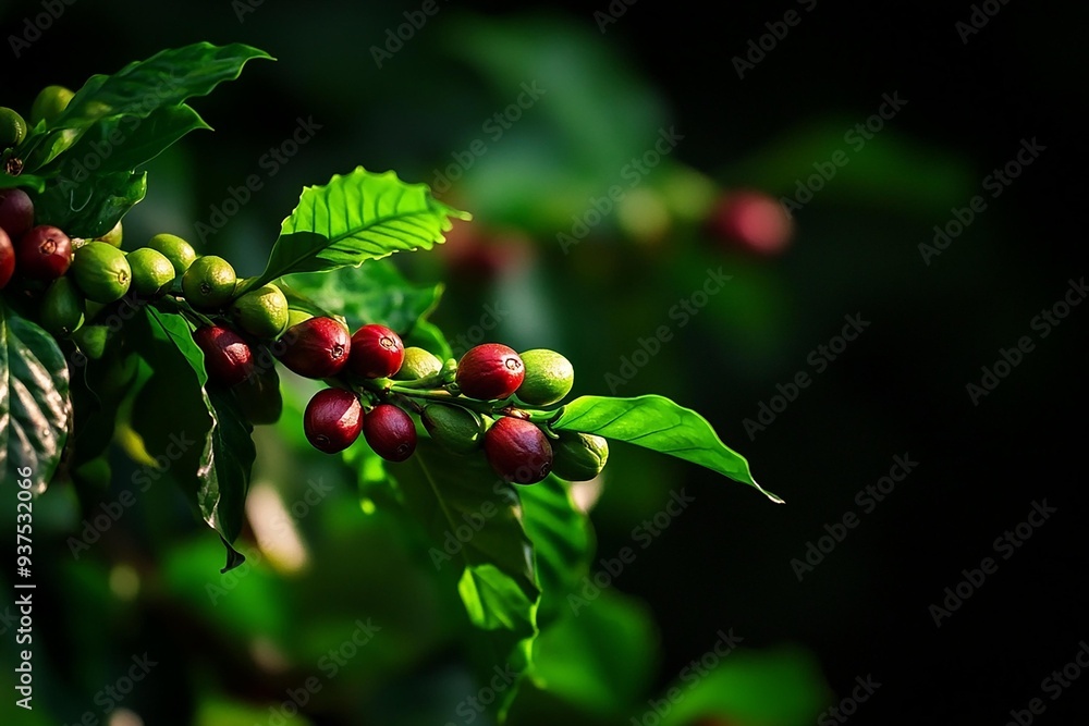 Vibrant coffee berries nestled among lush green leaves, capturing the essence of nature's harvest in a stunning close-up. Vibrant coffee berries nestled among lush green leaves, capturing the essence of nature's harvest in a stunning close-up.