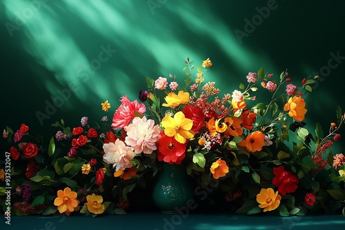 Vibrant arrangement of mixed flowers in a green background, showcasing colors and textures for a lively decor.