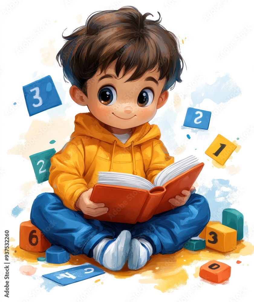 Cute Cartoon Illustration of a Little Boy Reading a Book Cute Cartoon Illustration of a Little Boy Reading a Book