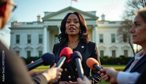 African American female senator speaks to the press in front of the White House, with symmetrical journalists and warm afternoon light.






 photo