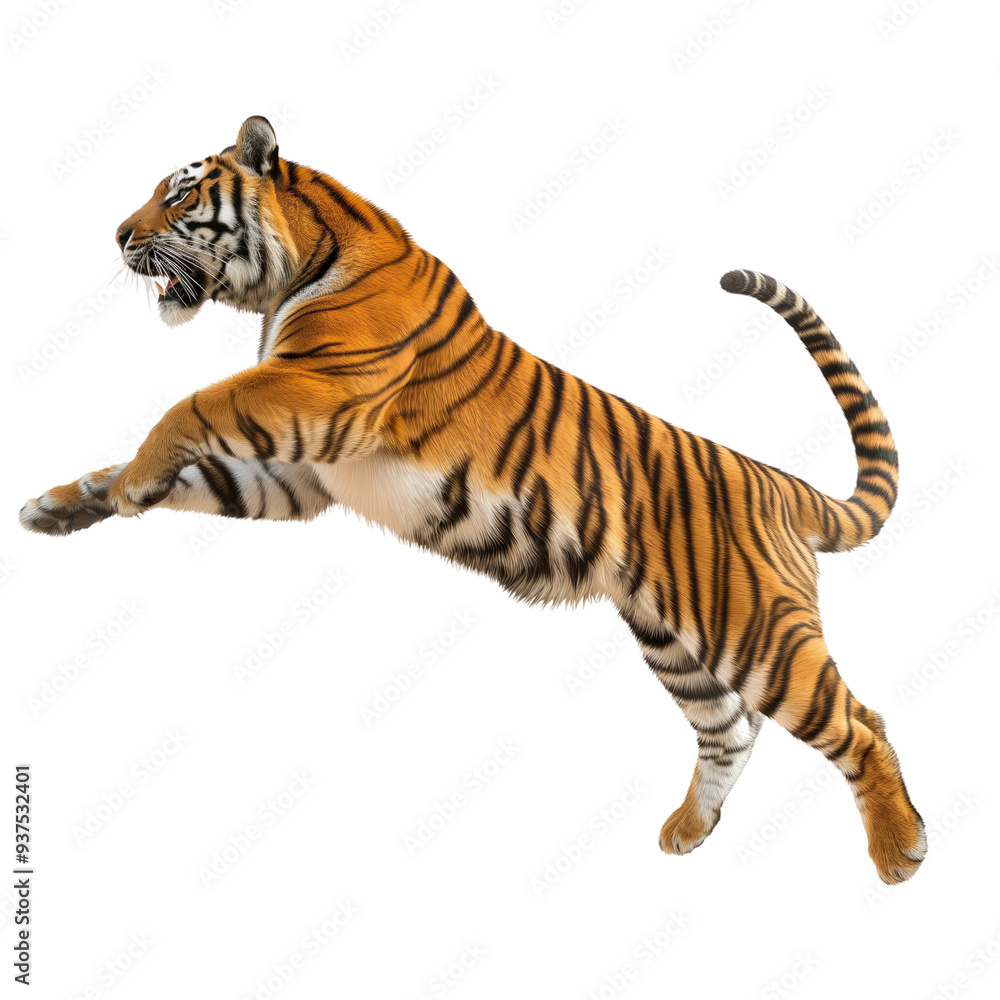 Obraz premium Tiger in a dynamic pose, isolated on white or transparent background, png clipart, design element.