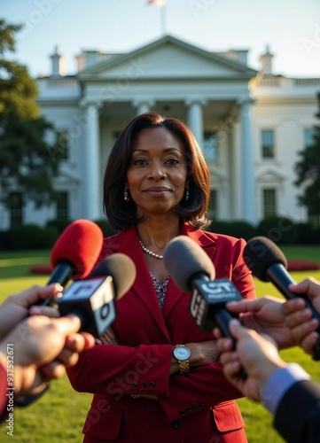 African American female senator speaks to the press in front of the White House, with symmetrical journalists and warm afternoon light.






 photo