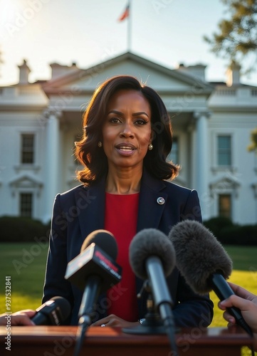 African American female senator speaks to the press in front of the White House, with symmetrical journalists and warm afternoon light.






 photo