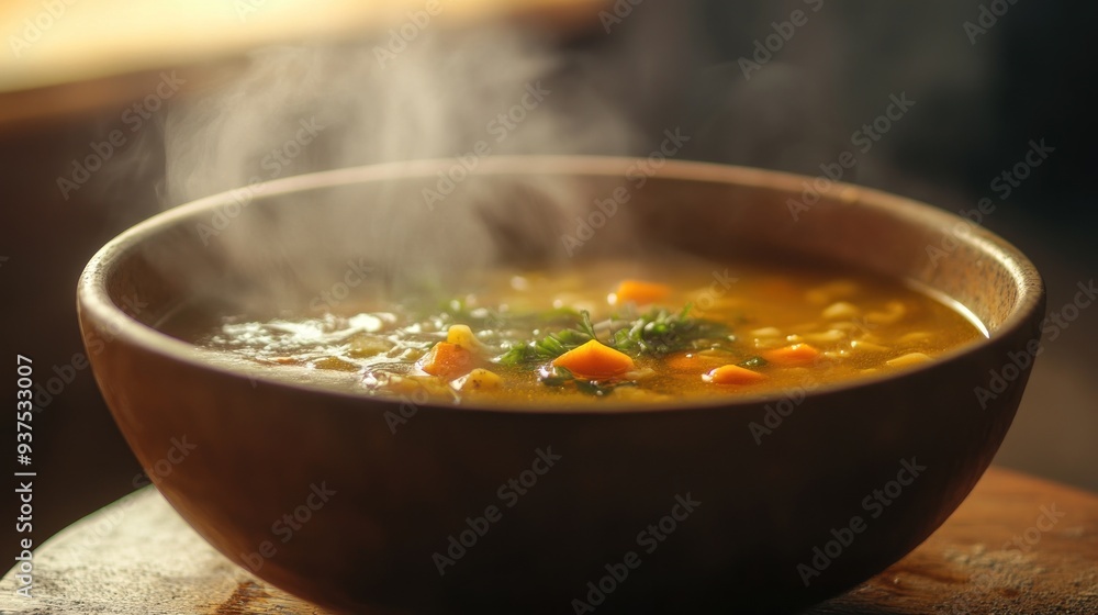 Steaming Bowl of Carrot and Noodle Soup with Parsley Steaming Bowl of Carrot and Noodle Soup with Parsley