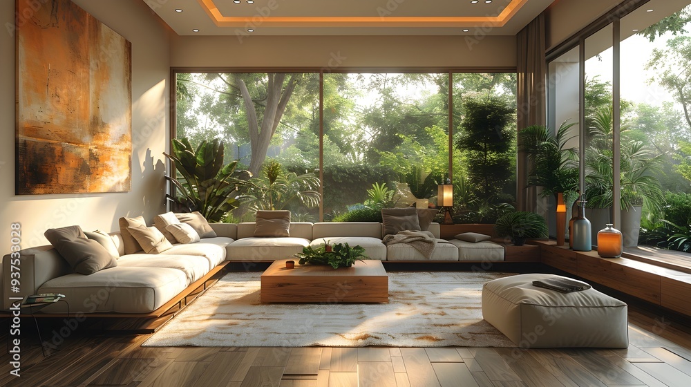 Fototapeta premium Stylish and Cozy Contemporary Living Room with Sleek Furniture and Decor