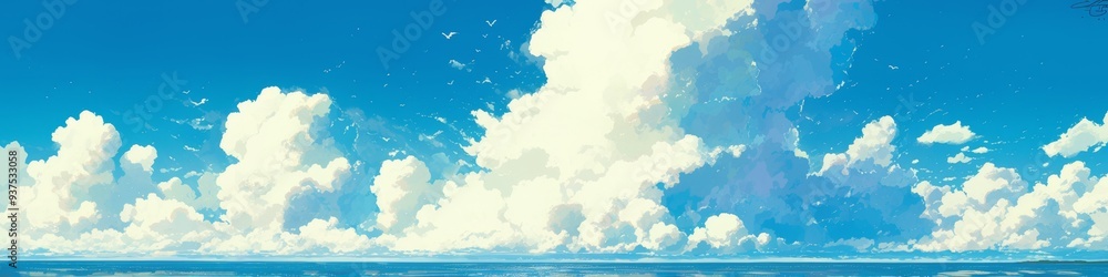 Obraz premium Dreamy Summer Paradise: Abstract Anime-Style Ocean and Sky Fusion. Romantic Coastal Getaway in Minimalist Design with Elegant Gradient Textures. AI-Generated Artistic Concept for Marketing, UI, and Hi