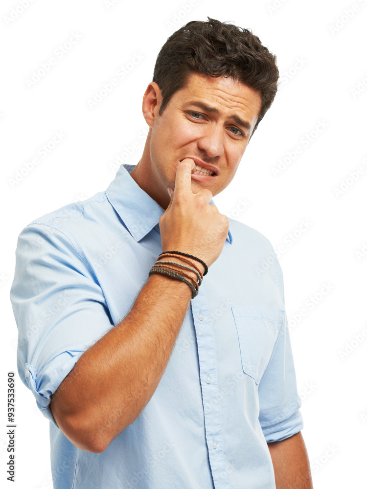 Anxiety, portrait and man biting nails in studio with terror, fear and scared for drama on white background. Stress, gossip and wtf by male person with horror, fake news or worried about secret Anxiety, portrait and man biting nails in studio with terror, fear and scared for drama on white background. Stress, gossip and wtf by male person with horror, fake news or worried about secret