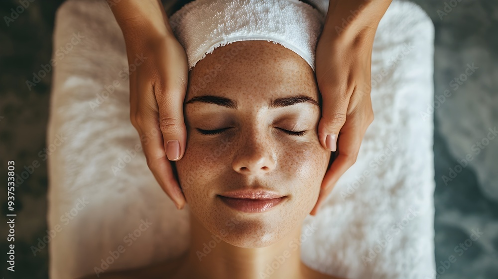 Therapist gently massaging client s face with soothing circular motions providing a relaxing and rejuvenating facial treatment for wellness and self care Therapist gently massaging client s face with soothing circular motions providing a relaxing and rejuvenating facial treatment for wellness and self care