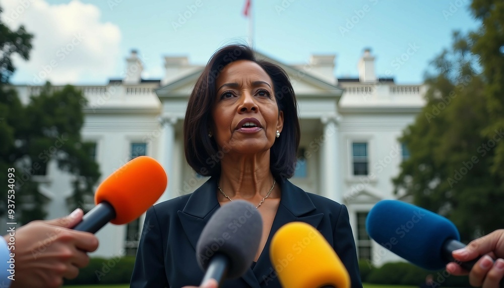 An African American female senator speaks confidently to the press in front of the White House, bathed in warm afternoon sunlight. An African American female senator speaks confidently to the press in front of the White House, bathed in warm afternoon sunlight.