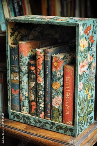 Vibrant Floral Bookshelf: A Vintage Treasure Trove photo