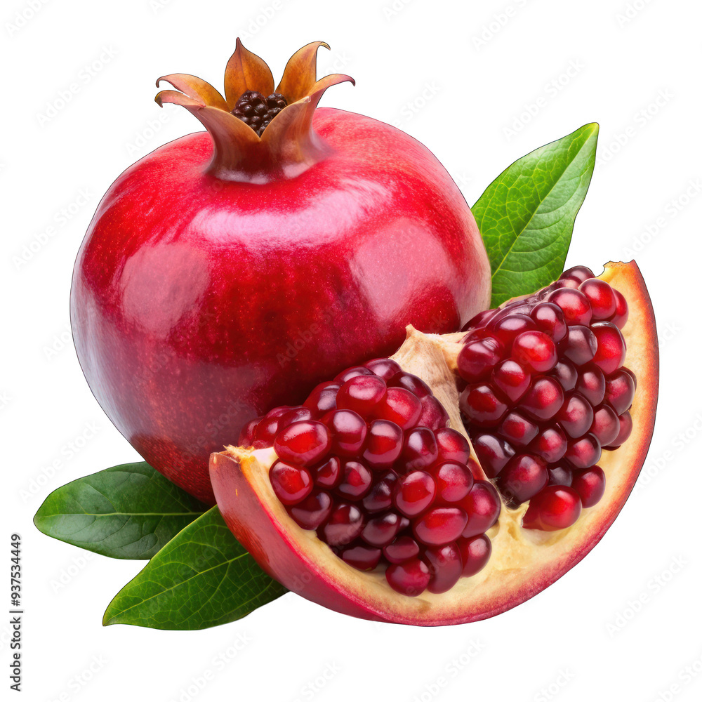 Pomegranate piece with leaf isolated on transparent background