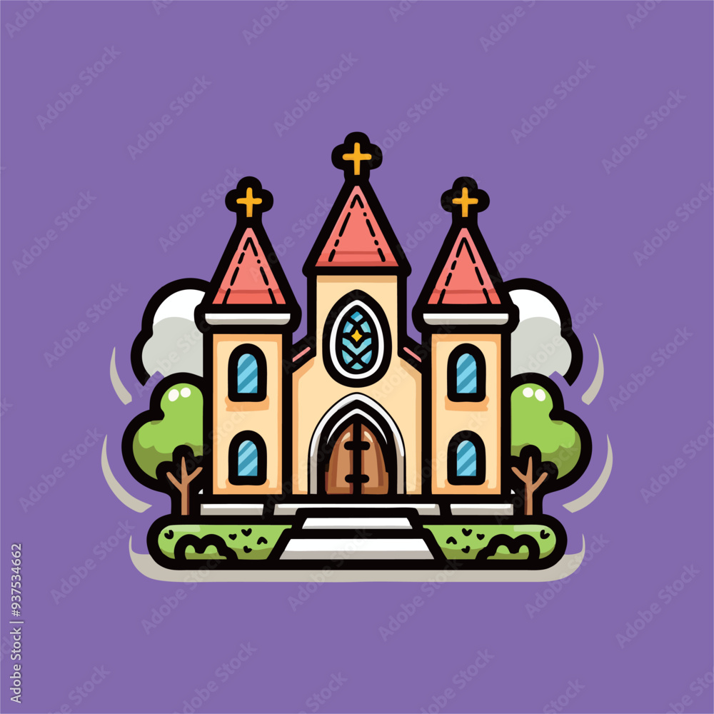 Naklejka premium vector church with thick lines and cartoon animation