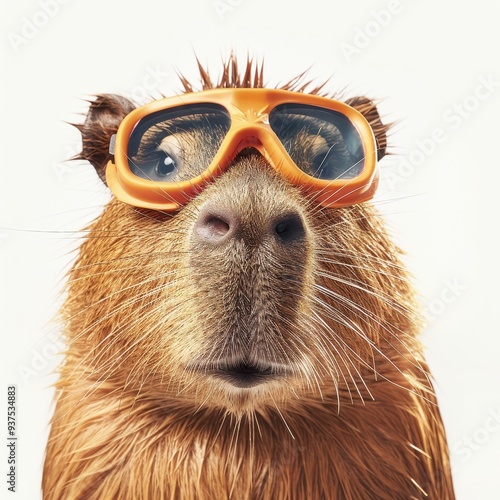 A capybara sporting stylish orange sunglasses, exuding a playful and whimsical vibe against a simple background.