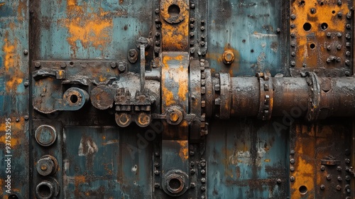 Rusty Metal Panel with Industrial Machinery and Bolts