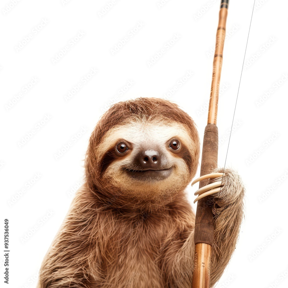 Fototapeta premium A cheerful sloth holds a fishing rod, showcasing its unique charm and playful spirit in an adorable and whimsical setting.