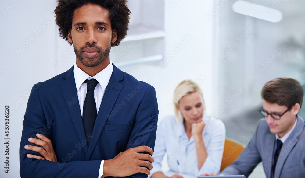 Business, man and confident in office for portrait, meeting and leadership in workplace. Arms crossed, professional and lawyer at firm with staff, expert and planning for case with attorney team Business, man and confident in office for portrait, meeting and leadership in workplace. Arms crossed, professional and lawyer at firm with staff, expert and planning for case with attorney team