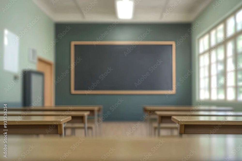 Blur background of interior design of empty classroom with blackboard. Empty classroom with desk, chair and blackboard at school. Generative ai Blur background of interior design of empty classroom with blackboard. Empty classroom with desk, chair and blackboard at school. Generative ai