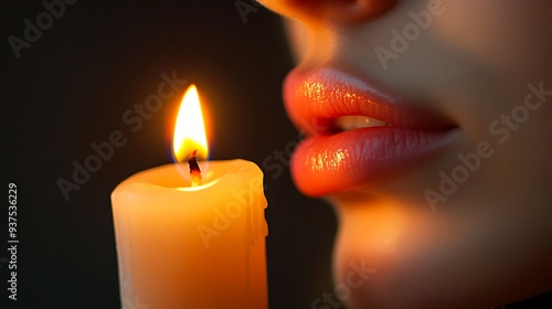 Close-up of lips gently blowing out a candle, with soft light reflecting on the skin