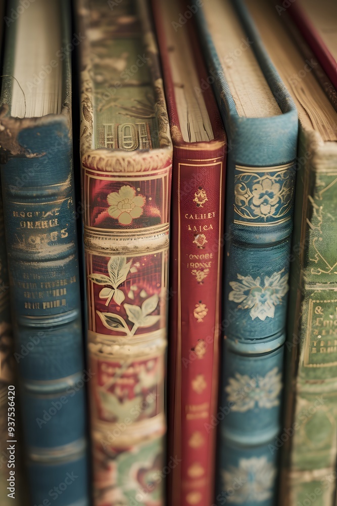 Eye-level shot of a row of books focusing on one specific spine detail AI generated illustration