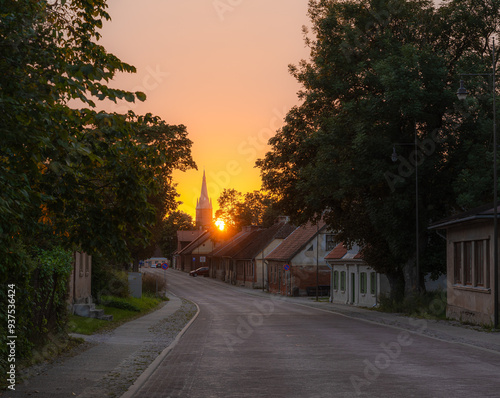 Sunset over the small city in Europe.