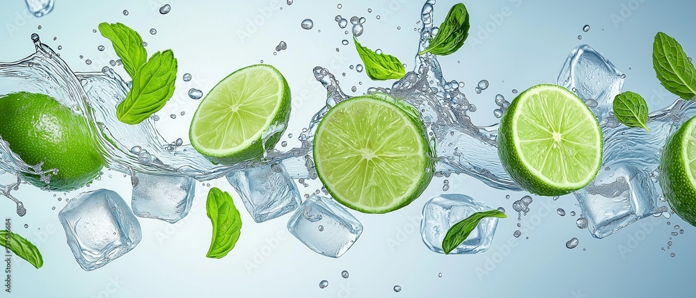 green lime, slices and menthol leaves with melting ice cubes and water splashes effects . aspect ratio 7:3 green lime, slices and menthol leaves with melting ice cubes and water splashes effects . aspect ratio 7:3