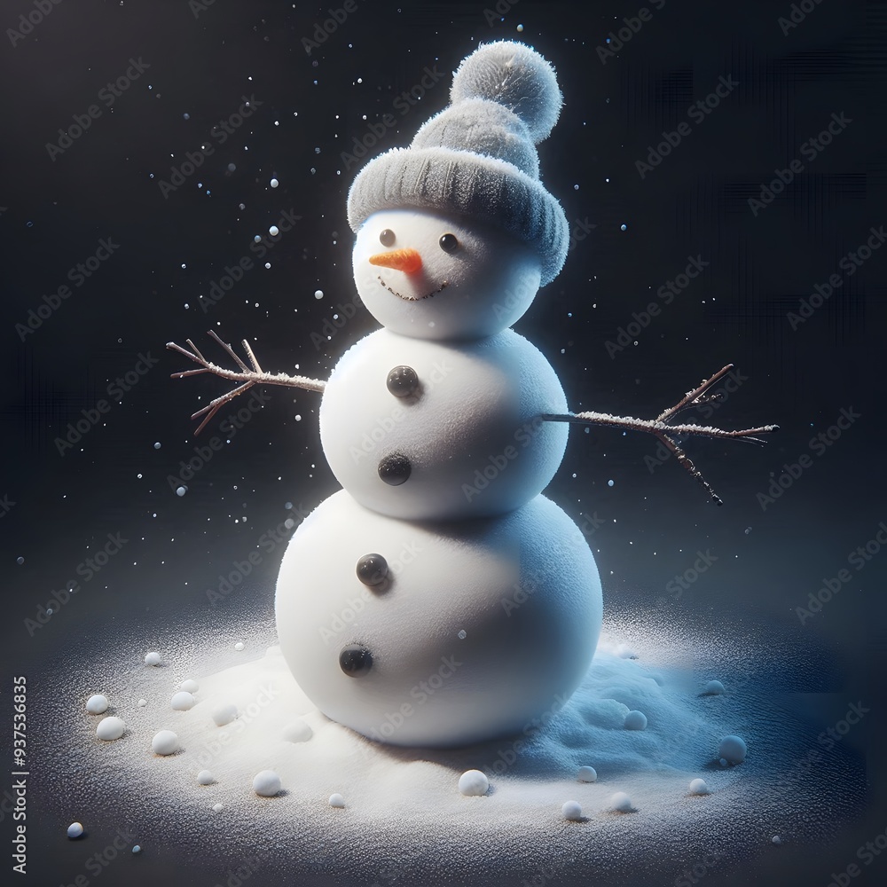 Obraz premium Cute Laughing Snowman with Wool Hat & Scarf - Photorealistic Winter Scene with Bokeh Lights, isolated on a dark background