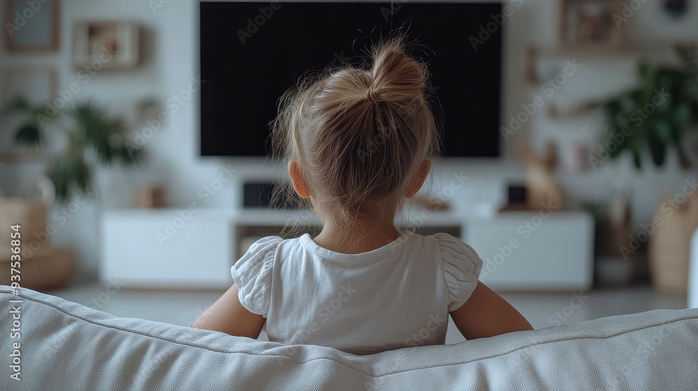 Little Girl Watching TV at Home - Cozy Living Room with Modern Flat Screen Display